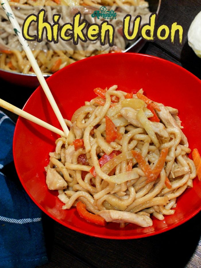 chicken udon in a bowl with chopsticks