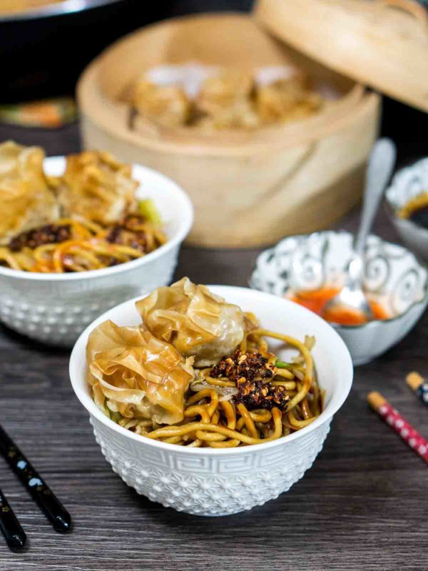 noodles in a bowl with toppings
