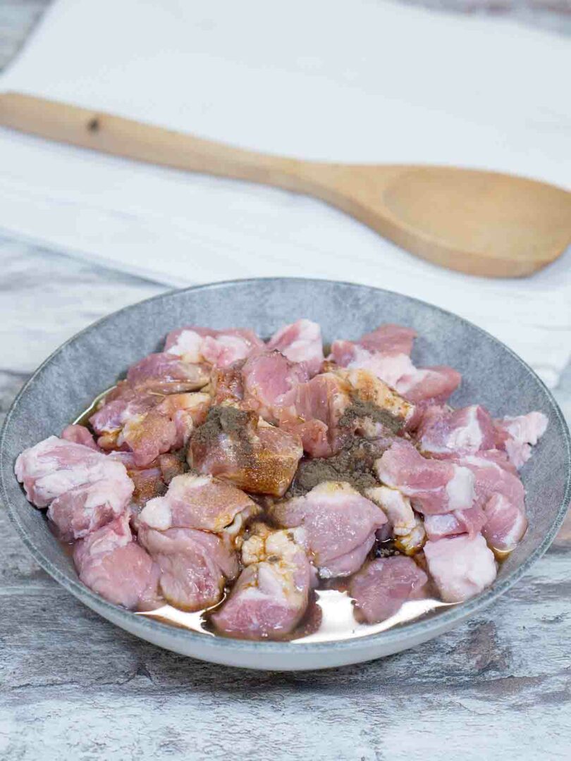 pork pieces with sauce in a bowl