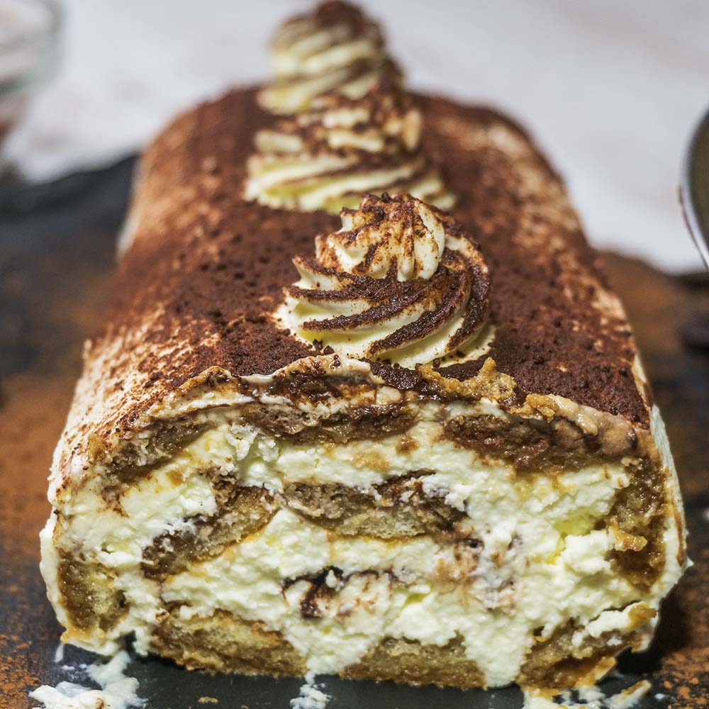 No Egg Tiramisu Cake Roll Recipe | Amiable Foods